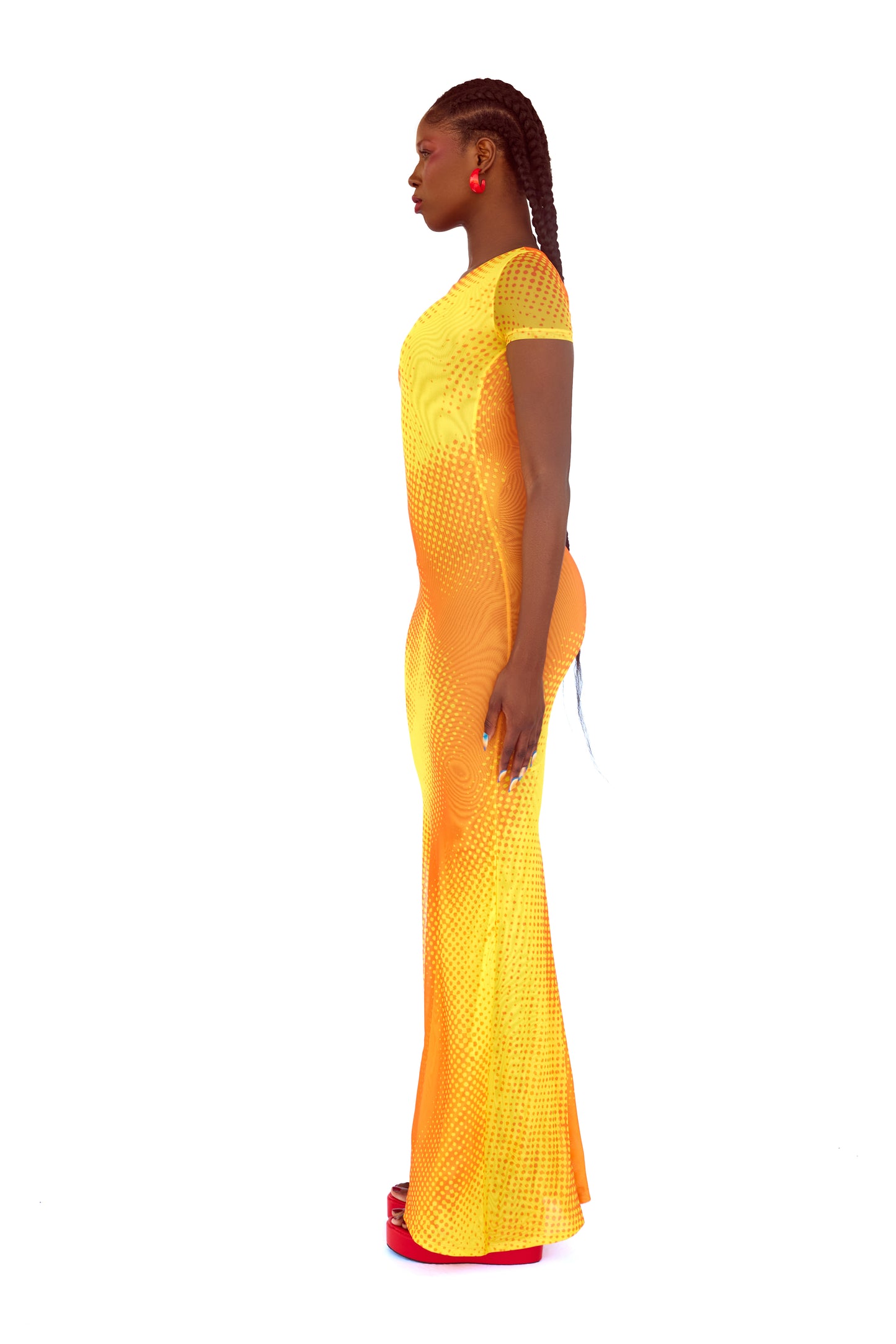 Model 1 wearing Solar Short Sleeve Dress, side view 1
